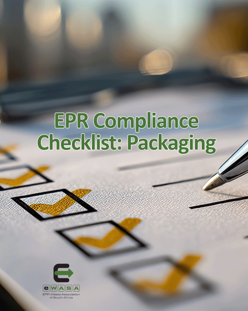 Illustration of a packaging compliance checklist for South African producers, highlighting packaging design, environmental labelling, recyclability, EPR reporting and take-back initiatives.