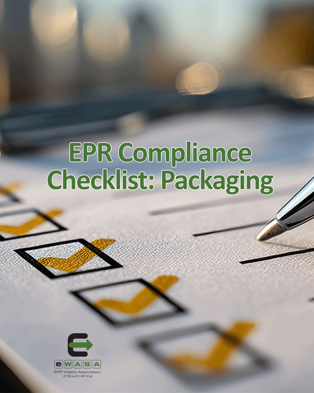 Illustration of a packaging compliance checklist for South African producers, highlighting packaging design, environmental labelling, recyclability, EPR reporting and take-back initiatives.