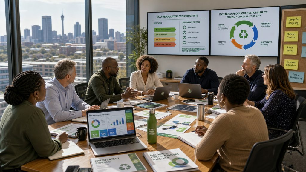South African producers reviewing EPR fee models, product design data and recycling costs for eco modulated fee planning.