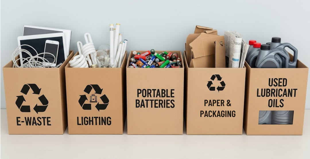 Clearly marked separate-at-source boxes to collect recyclables.